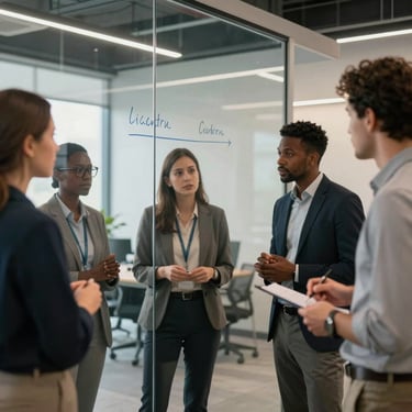 A diverse team of professionals in a modern US collaborative space discussing a digital transformation strategy around a large glass whiteboard.
