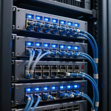 Macro photography of a sleek server rack in a secure North American data center with glowing blue LED status lights and organized networking cables.