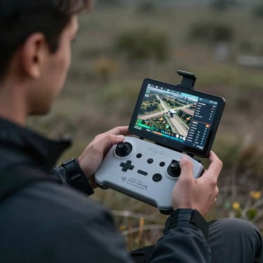 A professional drone pilot in a dark tech jacket operating a luminous digital controller with multiple screens showing aerial data.