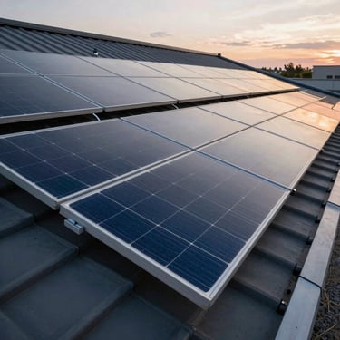 High-resolution photo of perfectly clean solar panels on a modern roof reflecting a twilight sky, professional maintenance quality.