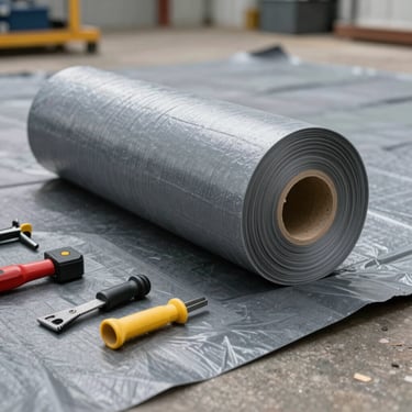 Close-up of rolls of gray TPO roofing membrane and specialized installation tools on a clean industrial work site in North American / US - New Jersey.
