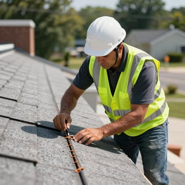 A roofing specialist wearing a hard hat and high-visibility vest inspecting a roof seam on a bright day in North American / US - New Jersey.