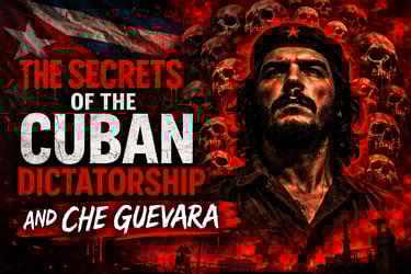 Che Guevara portrait with skulls and Cuban flag, titled The Secrets of the Cuban Dictatorship.