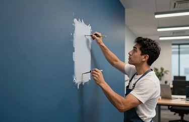 A clean interior scene showing a painter finishing a steel blue wall in a modern office space, North American / Hispanic setting, professional finish.