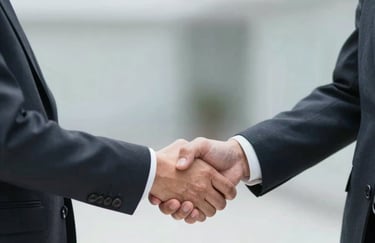 A close-up, respectful shot of two professionals in suits shaking hands. The focus is on the firm grip, representing trust and agreement. Soft corporate background in gray and white tones.