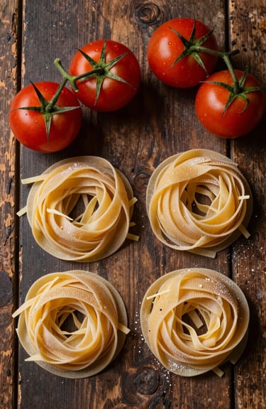 A top-down shot of a rustic Southern European dining table with artisanal pasta, accented with Deep Ripe Crimson tomatoes.
