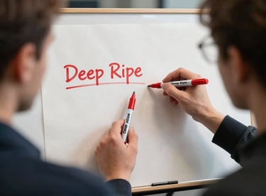 Behind-the-scenes shot of a marketing team brainstorming with Deep Ripe Crimson markers on a Crisp Parchment board.