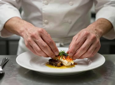 A chef’s hands carefully plating a dish in a professional kitchen, focused on texture and craft.