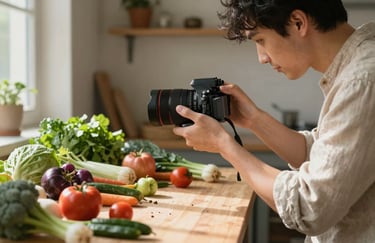 A creative professional in a linen shirt capturing a photograph of fresh farm-to-table ingredients in a sunlit studio.