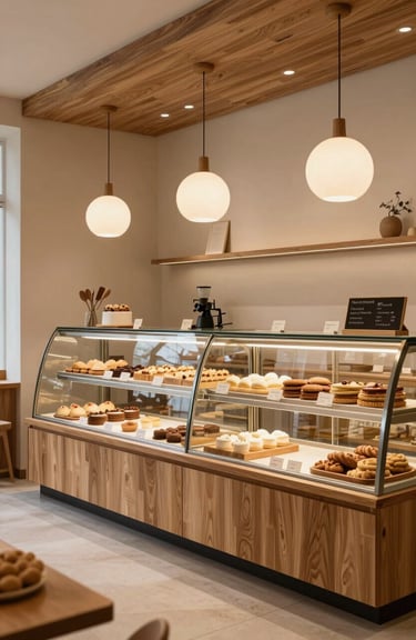A modern, minimalist artisanal bakery interior with warm wood and Scandinavian lighting in Lisbon.