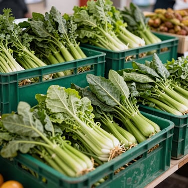 A vibrant local farmer's market in Portugal, featuring stalls with organic greens and Matte Forest Green crates.