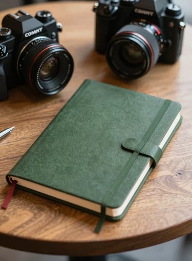 A Matte Forest Green notebook and a camera on a café table, representing the agency’s mobile work style.