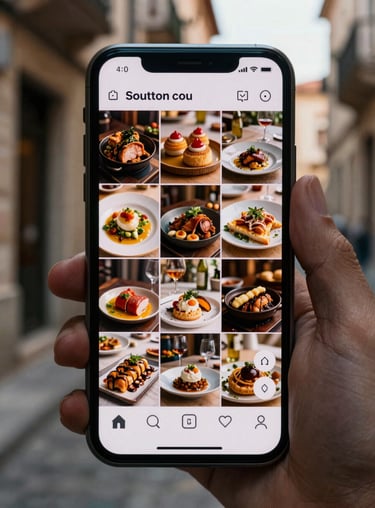 Close-up of a smartphone screen showing a stylish social media feed for a restaurant, held in a Southern European setting.
