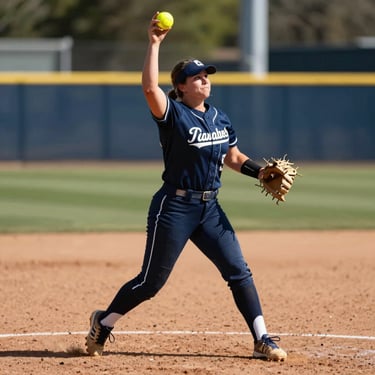 Dynamic photography of a fastpitch softball pitcher in mid-delivery, wearing a navy blue jersey, background of a professional dirt diamond in the North American / US sun.