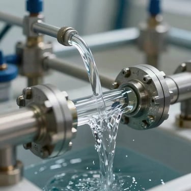 Close-up photography of a high-pressure water purification circuit, focusing on the flow of pure water through crystal clear conduits and steel fittings.