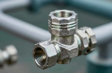 Close up of a durable metal water fitting and agricultural accessories, technical and high-precision photography, using #2F3E46 and #52796F tones.