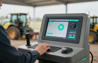 Modern agricultural machine control panel, showing advanced technology and innovative solutions, lighting highlighting #84A98C accents.