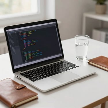 A clean, professional workspace with a high-end laptop showing abstract code, a leather notebook, and a glass of water, symbolizing focused AI development. South Asian / Global Professional setting with soft morning light.