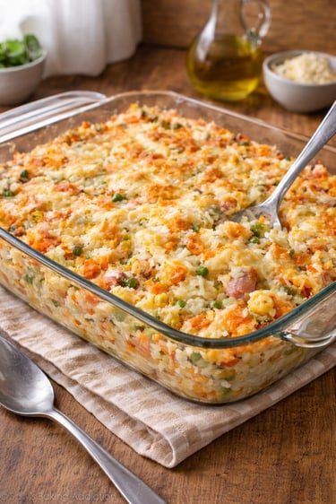 arroz de forno simples e barato com legumes gratinado