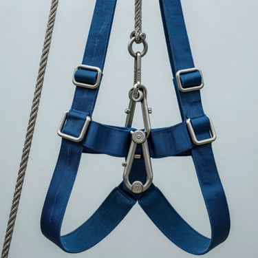 Close-up of high-quality industrial ropes and safety harnesses used for hoisting furniture in professional removals, steel blue and misty grey tones.