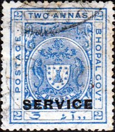 Vintage blue Bhopal Govt service postage stamp for two annas featuring a central coat of arms.
