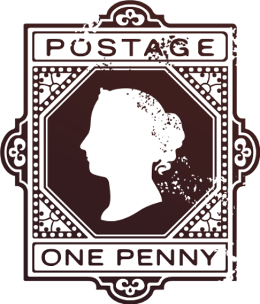 Vintage brown Penny Black postage stamp featuring a silhouette of Queen Victoria.