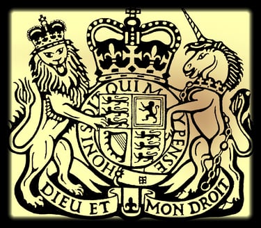 The Royal Coat of Arms of the United Kingdom, featuring a lion, unicorn, shield, and crowns, symbolizing British monarchy.
