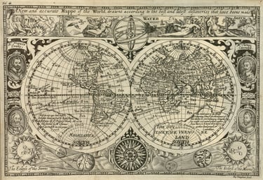 Vintage 17th-century world map engraving featuring double hemispheres and ornate celestial illustrations.