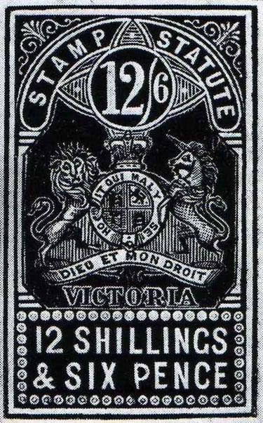 Vintage Victoria 12 shillings and six pence revenue stamp with British Royal Coat of Arms.
