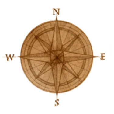 Vintage nautical compass rose with cardinal directions on textured brown parchment paper.