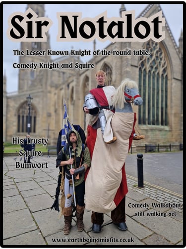 Comedy walkabout stilt walking act Sir Notalot and his squire performing in front of a gothic cathedral.