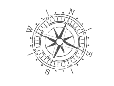 Vintage nautical compass rose illustration with cardinal directions in a weathered black stamp style.