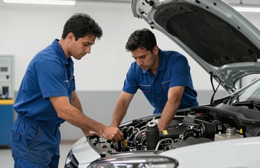 A Latin American professional mechanic conducting a multi-point inspection on a modern car in a clean, brightly lit, minimalist service bay.