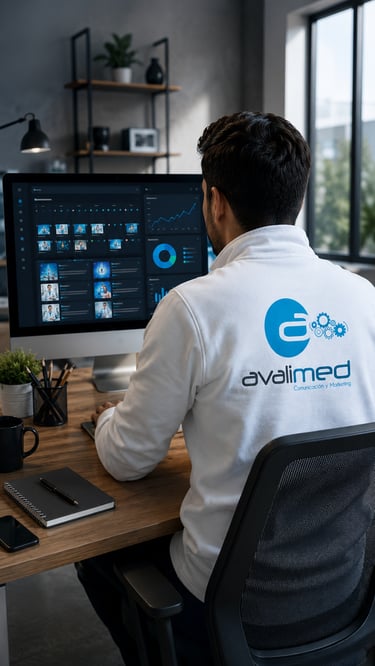 Especialista de Avalimed trabajando en la gestión de redes sociales, planificación de contenidos