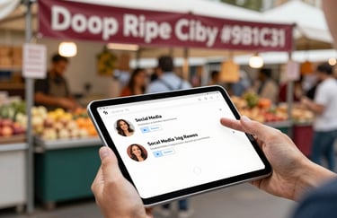 A hand managing a social media profile on a tablet, with a blurred background of a bustling food market featuring Deep Ripe Crimson #9B1C31 banner colors.