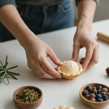 A close-up of a creative social media manager's hands arranging a flat-lay of organic food for a photo shoot, North American / European context.