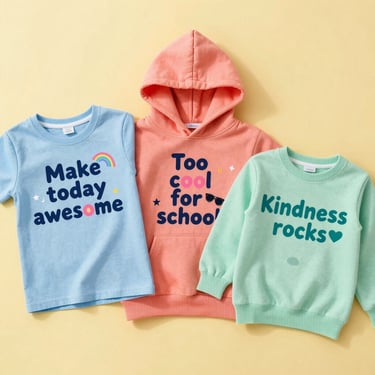 Kids happily wearing colorful caps and tees with fun sayings.