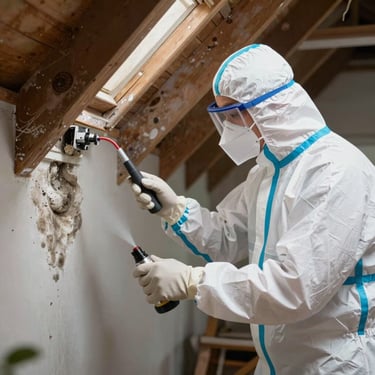 A professional environmental expert in protective gear performing a safe mold remediation process in an Orlando home attic, clean lighting.