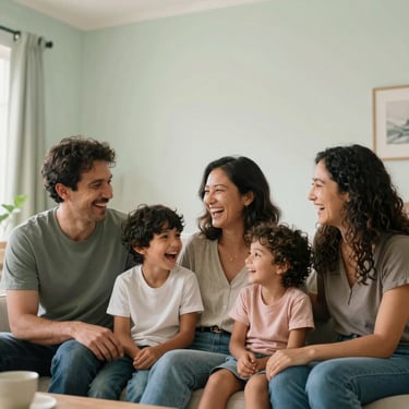 A happy North American family laughing together in a bright, clean, mold-free living room with soft green and white interior design.