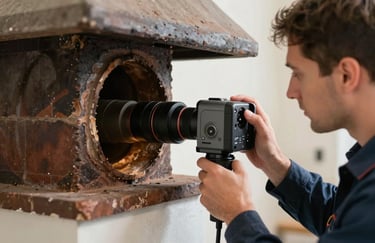A professional technician in a North American setting using a high-tech inspection camera to check the interior of a chimney flue, focused and careful.