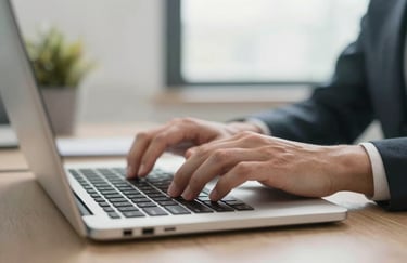 Close-up of hands typing on a modern keyboard in a bright North American / US office, soft natural lighting, professional and calm atmosphere.