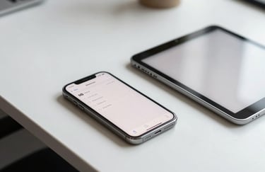 A clean, minimalist desk setup in a North American / US professional office, featuring a smartphone and a tablet showing a clean interface.