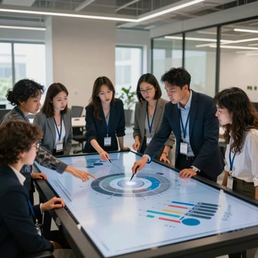 A diverse group of professional colleagues in a North American agency setting collaborating around a large digital interactive screen in a modern workspace.