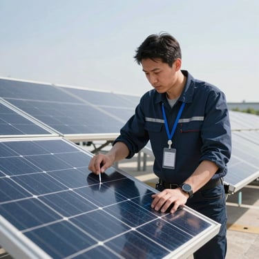 A professional shot of solar panels being inspected in a bright, modern setting. Sharp focus, clean composition, reflecting expertise in green energy technology.