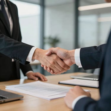 A professional business scene in a modern office in Germany, showing a subtle handshake over a desk with commercial documents, focusing on partnership.