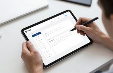 A top-down view of a designer's hands using a premium tablet for UI/UX wireframing, with minimalist desk accessories and clean lighting.