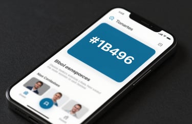 A close-up shot of a modern smartphone displaying a sleek web interface in brand colors #1B4965 and #5E8BA8, showcasing mobile responsiveness.