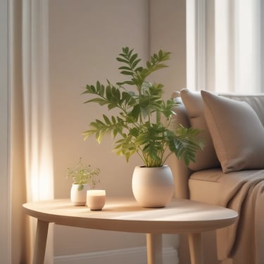 Soft sunlight streaming through a window onto a handcrafted wooden urn resting on a cozy beige linen cloth.