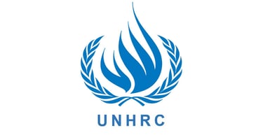 Logotipo oficial do ACNUR (Agência da ONU para Refugiados) em azul, com mãos estilizadas protegendo