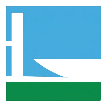 Ilustração abstrata e minimalista nas cores azul, branco e verde, formando as torres e cúpulas do Co